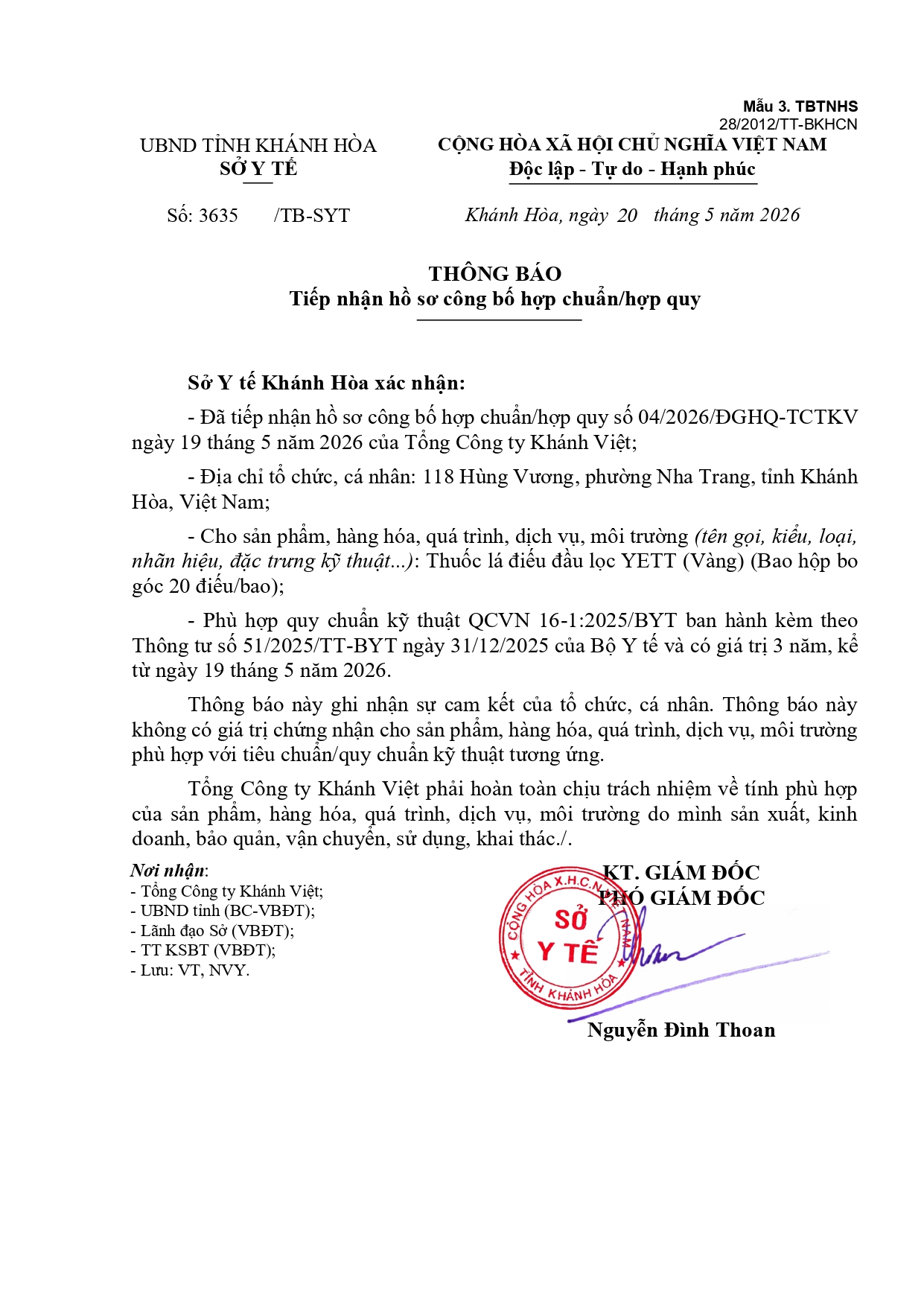 Thông báo Tiếp nhận hồ sơ công bố hợp chuẩn/hợp quy